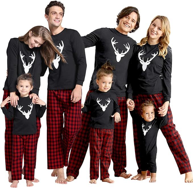 IFFEI Christmas PJ's with Deer Long Sleeve Tee and Plaid Pants Women S Black Red