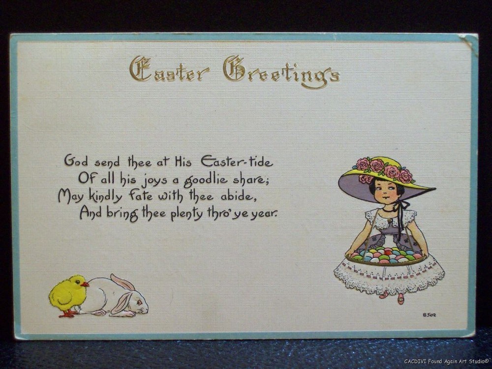 Easter Greeting Postcard Cute Girl Colored Eggs Big Bonnet Rose Rabbit Bunny Vtg
