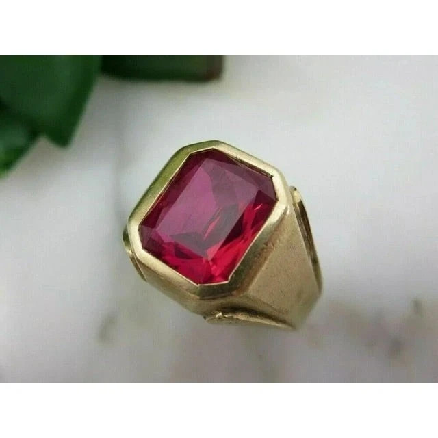 3CT Emerald Cut Lab Created Red Ruby Solitaire Men's Ring 14K Yellow Gold Plated