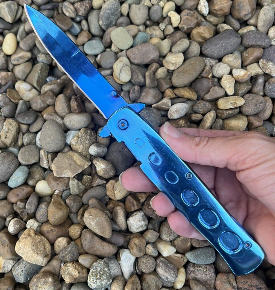Spring Assisted Open Pocket Knife Tactical EDC Italian Milano Stiletto Blue