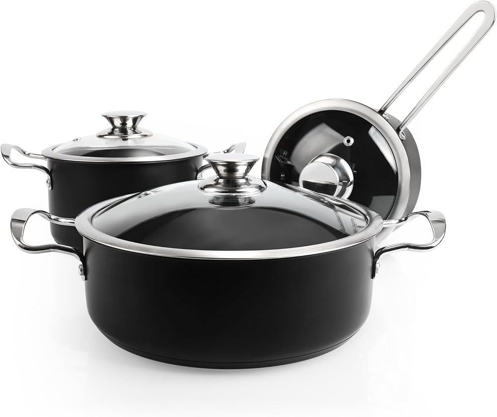Pots and Pans Set Nonstick，6-Piece Kitchen Cookware Set with Glass Lids，Black In