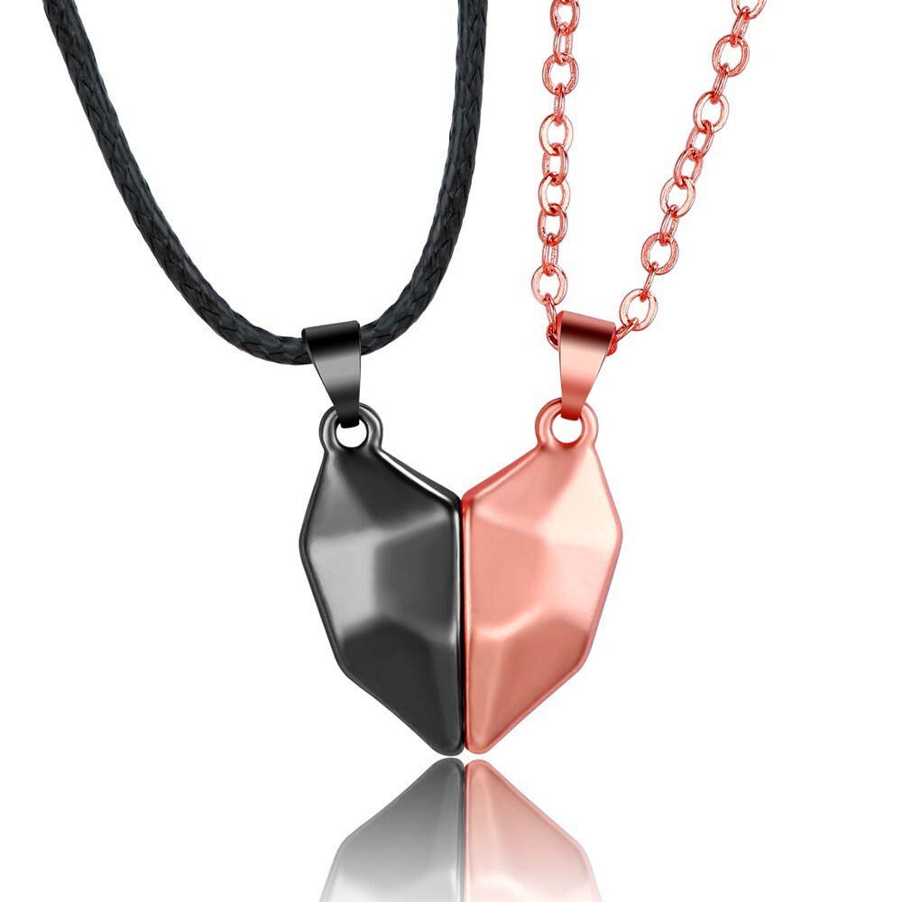 Heart Magnet Necklace Set for Couple - Black W/ Pink, Great Gift, Anniversary