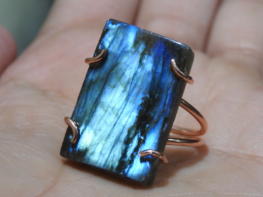Labradorite rough ring with multi-flash fire in copper wire wrap jewelry