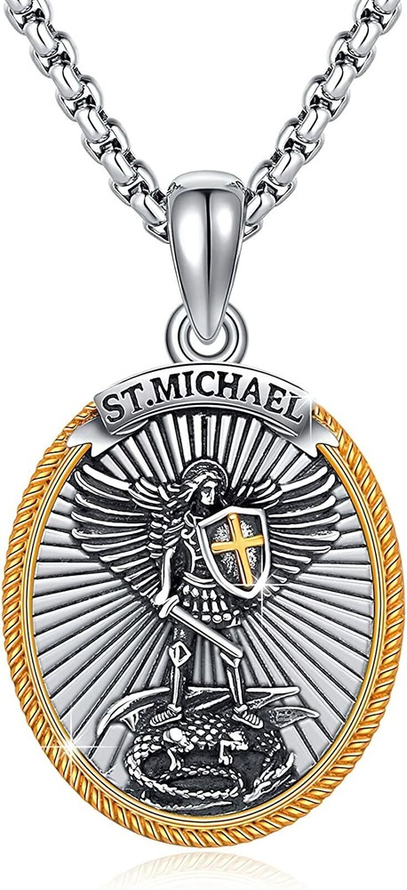 Men Women St Michael Medal Stainless Steel Amulet Pendant Necklace Curb Chain