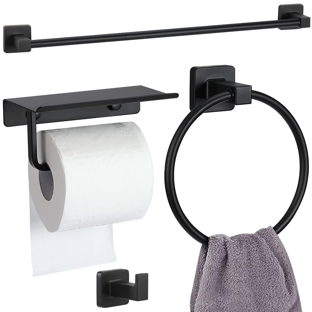 4Pieces Matte Black Bathroom Racks Set with 24 Inches Towel Bar, Towel Ring, ...
