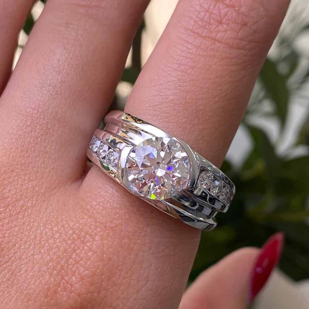 Men's 14K White Gold Plated Round Cut Half Bezel Moissanite Engagement Ring