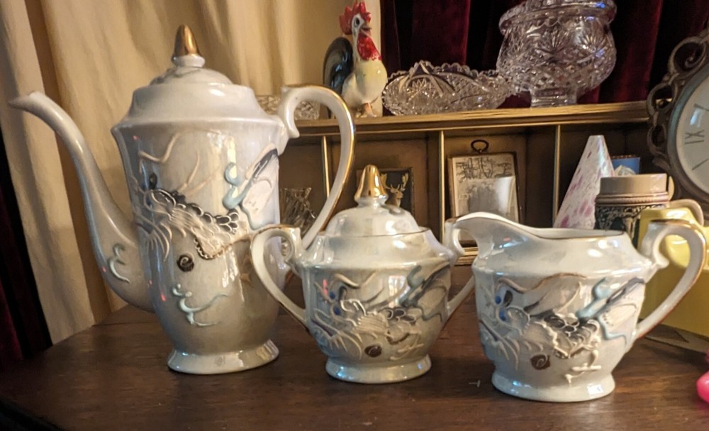 Vintage Blue Eyed Dragonware Tea, Creamer, Sugar Set Japan Lustreware