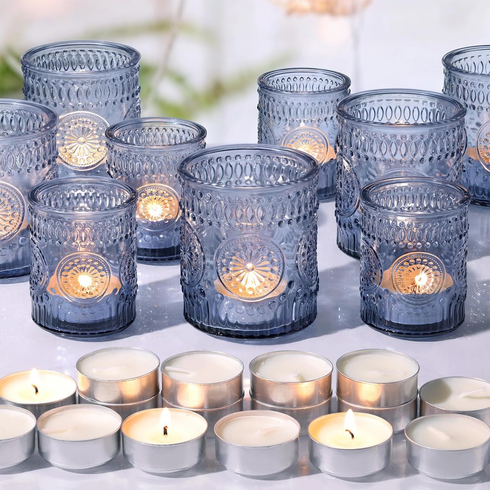 20pcs Blue Glass Votive Candle Holders with Tealights Set