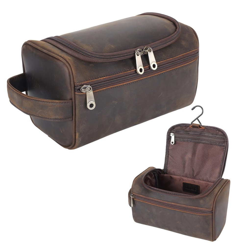 Men’s Leather Travel Toiletry Bag – Portable Hanging Dopp Kit for Cosmetics & Essentials  