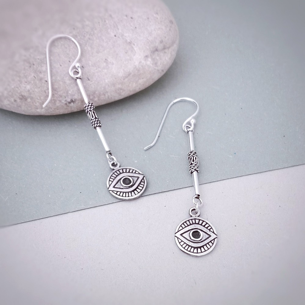 Long Lucky Eye dangle earrings in sterling silver, Evil Eye symbol Boho earrings
