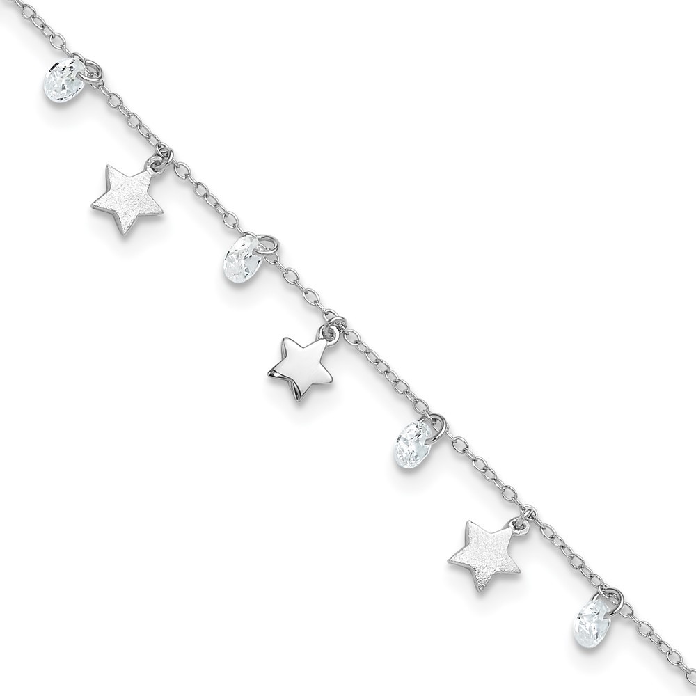 Sterling Silver Polished and Brushed Star Cubic Zirconia Anklet 9
