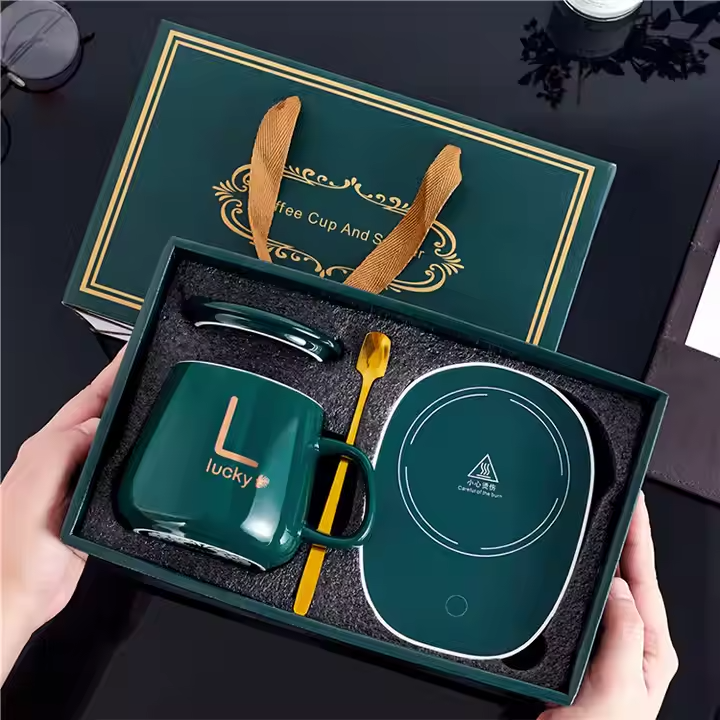 Coffee Warmer Mug Ceramic and Automatic Electric Charging Saucer with Lid