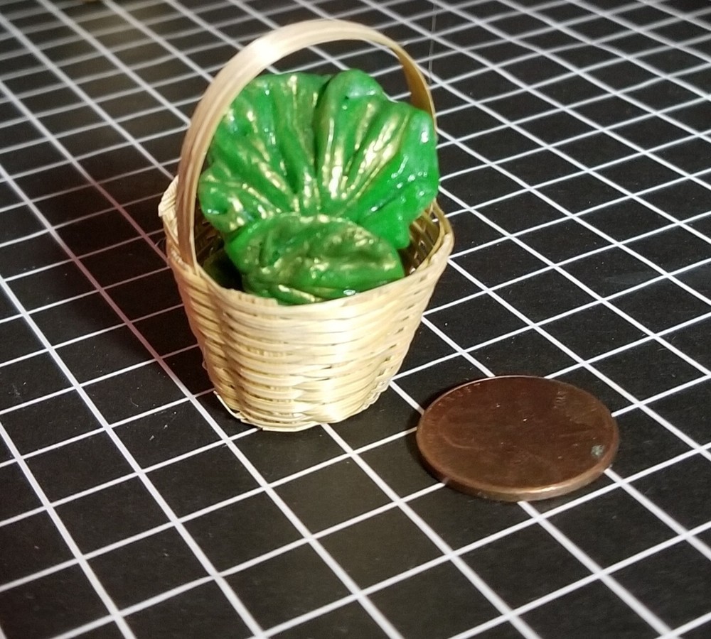 Miniature 1:6 Basket of Green Lettuce dollhouse decor play food kitchen display