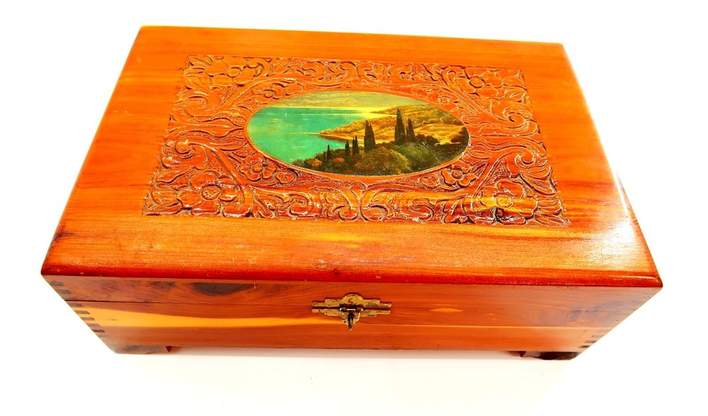 Vintage Cedar Jewelry Box with Mountain Lake Carving 11.5 Inch  