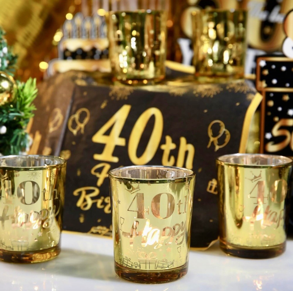 40th Happy Gold Glass Votives/ Shot Glass for Birthdays Anniversaries -  24 Pack