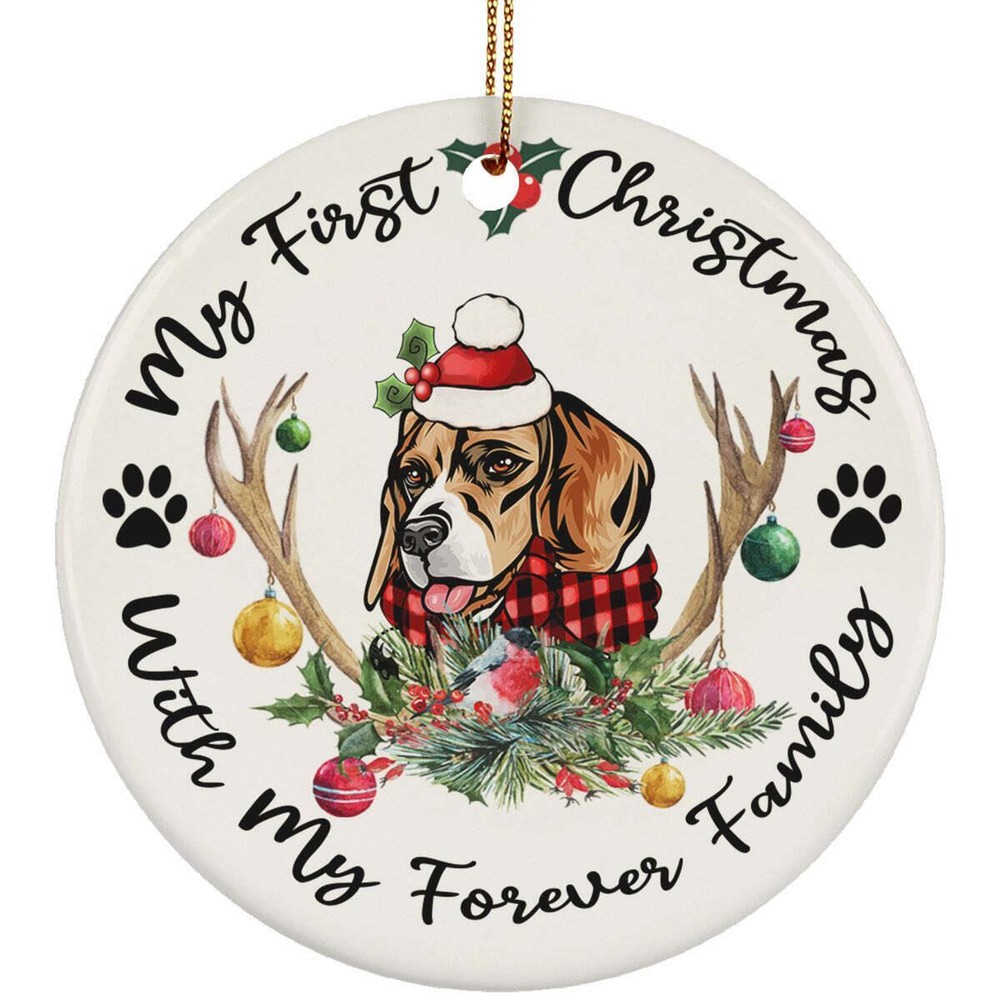 My First Christmas Beagle Dog With Deer Anlters Ornament Gift Tree Decor Hanging