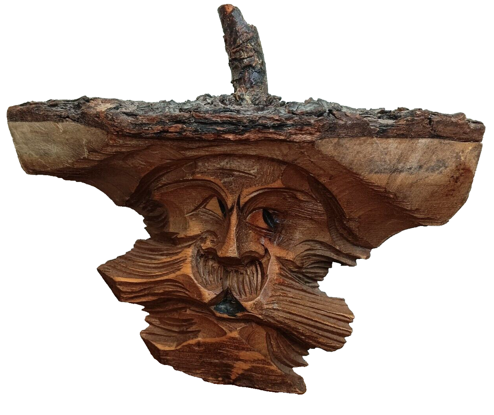 Hand Carved Bearded Wooden Tree Man, Hanging, Folk Art Rustic Cabincore Troll