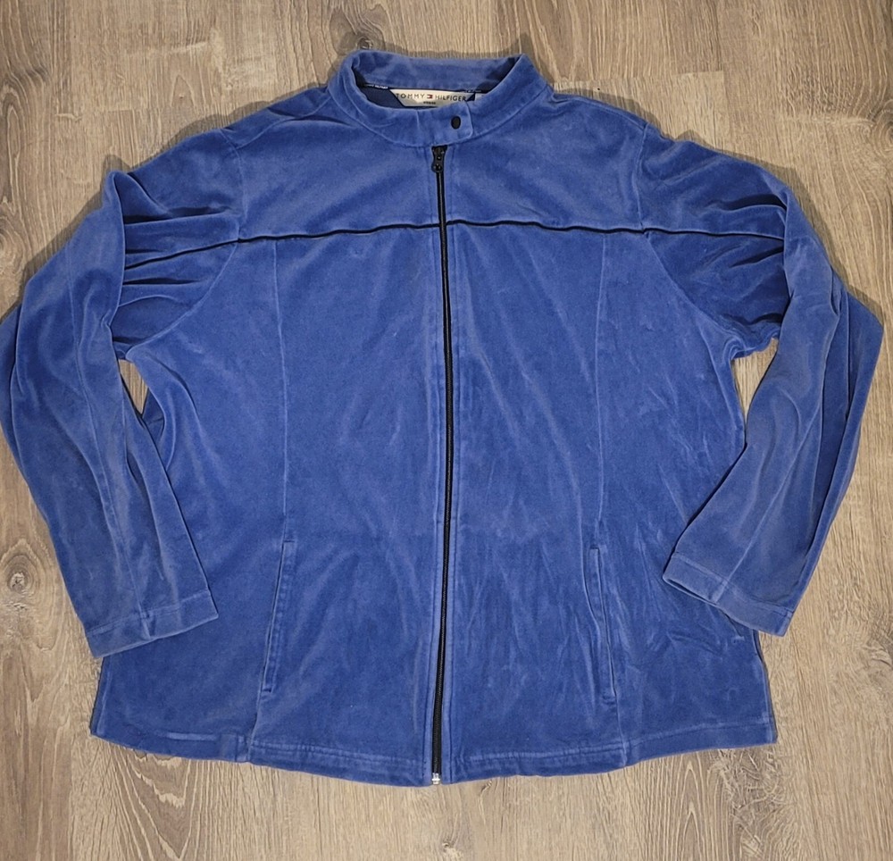 Tommy Hilfiger Womens Blue Velour Zip Front Jacket Size 2X Soft Comfortable