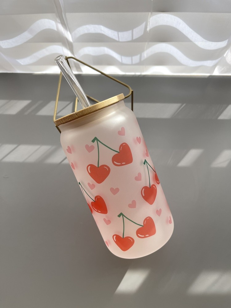 Valentine Cute Cherry Hearts Glass Cup 16 Oz With Bamboo Lid And Straw
