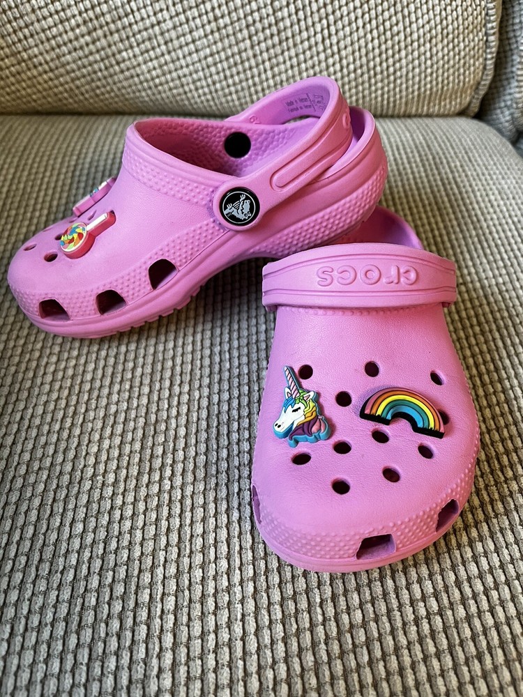 Pink Crocs Kids Size C10 Slip-On Clogs with Unicorn Jibbitz Rainbow Gumball Charms
