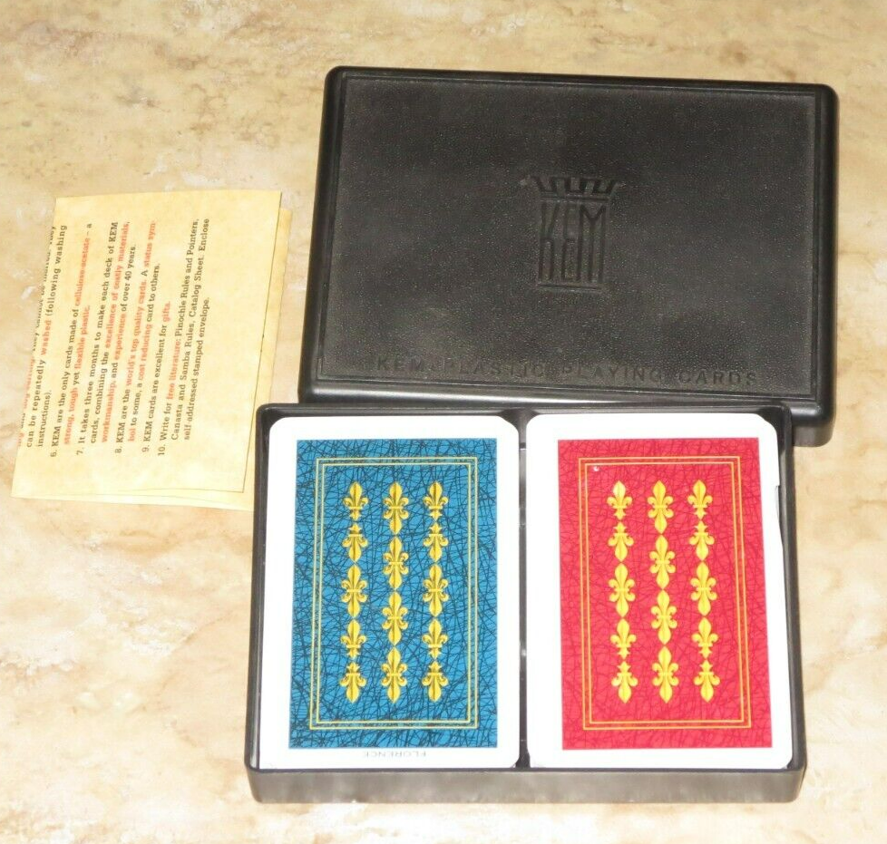 Vintage KEM Plastic Double Deck Playing Cards Burgundy & Blue Great Shape + Case