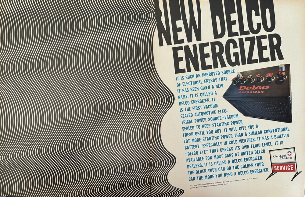 1965 Delco Battery Energizer United Service Eye GM Car Vintage 2 Page Print Ad