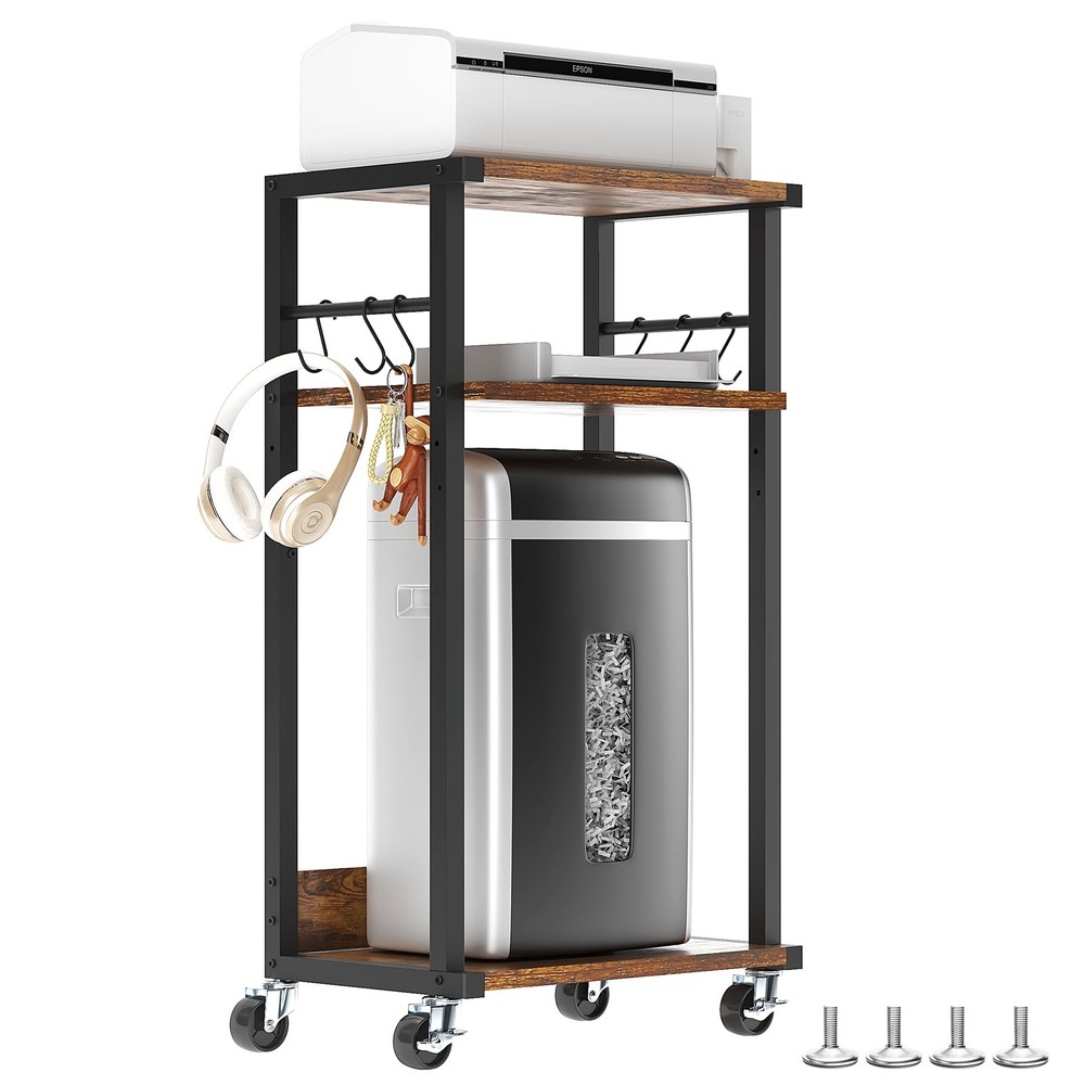 3-Tier Mobile Printer Stand with Adjustable Shelf and 6 Wheels for Easy Storage