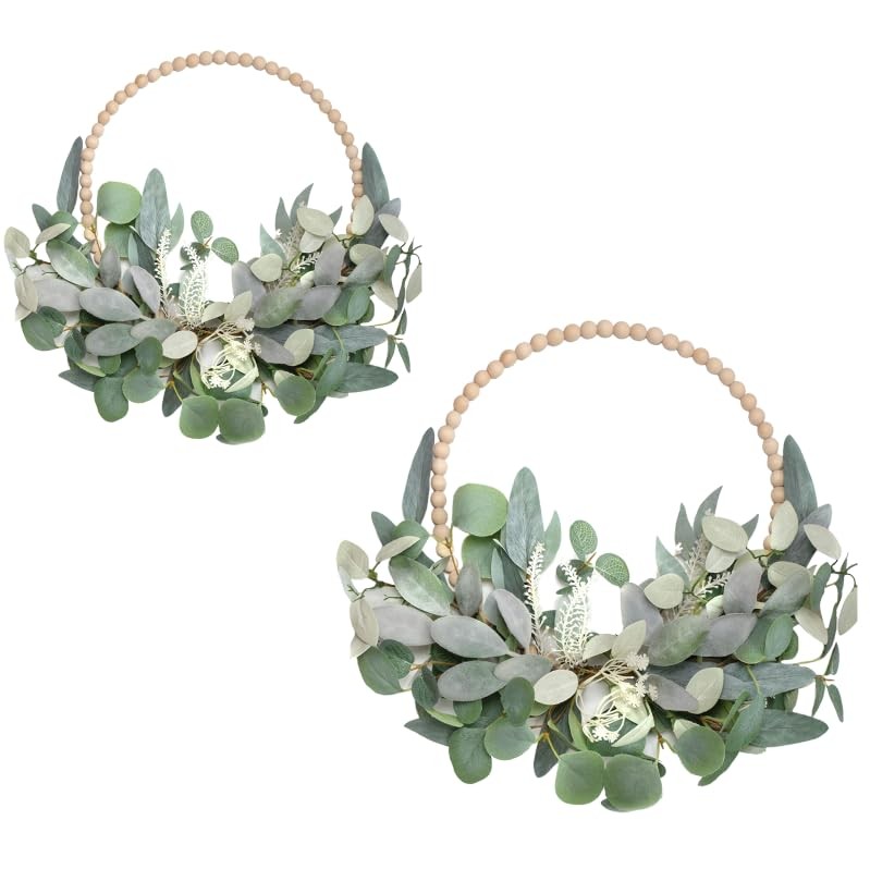 2Pcs 16 Inch Artificial Eucalyptus Wreaths with Wooden Beads and Lambs Ear for Home Decor