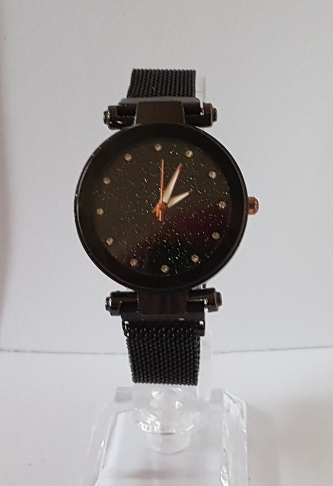 Ladies Watch With A Black Sparkly Dial And Adjustable Mesh Strap