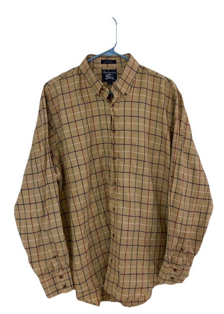 Men's Vintage Burberrys Plaid Long Sleeve Button-Up Shirt Large Tan USA Made