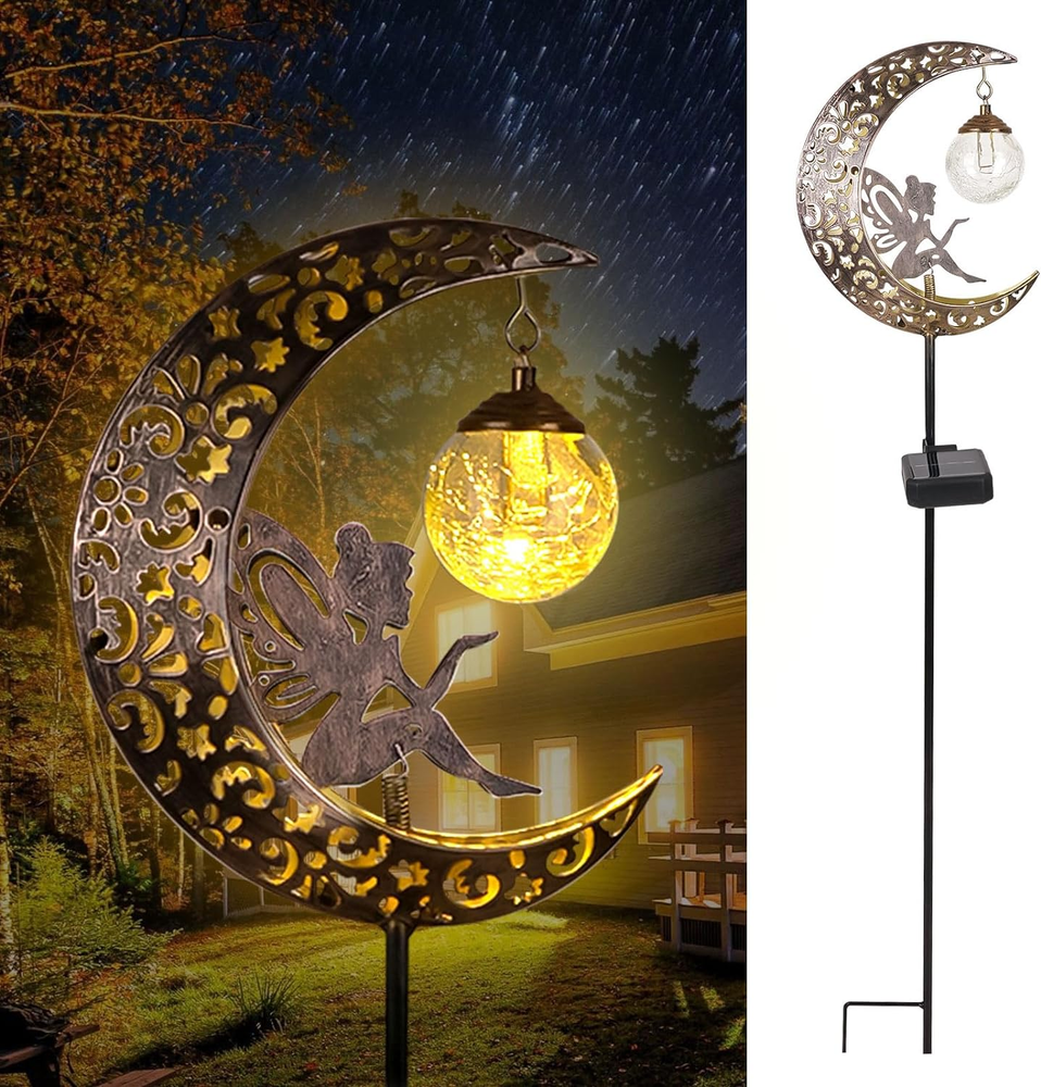 Solar LED Garden Lights with Crackle Glass Moon Fairy Design Waterproof Outdoor Decor  