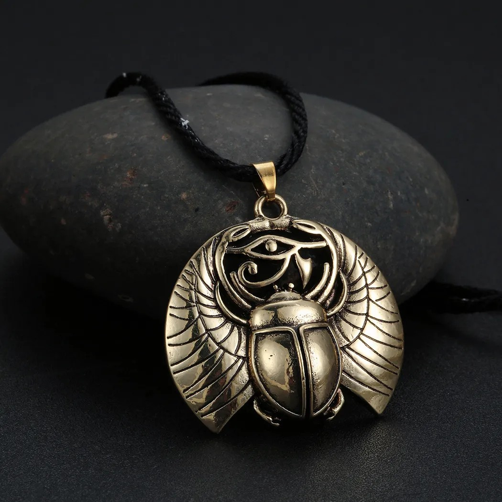 Ancient Gold Scarab Amulet Necklace - Egyptian Eye of Horus Pendant