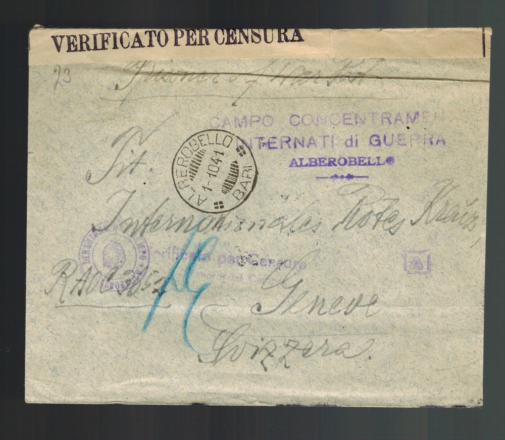 1941 Alberobello Italy Internment Camp Cover to Red Cross Switzerland