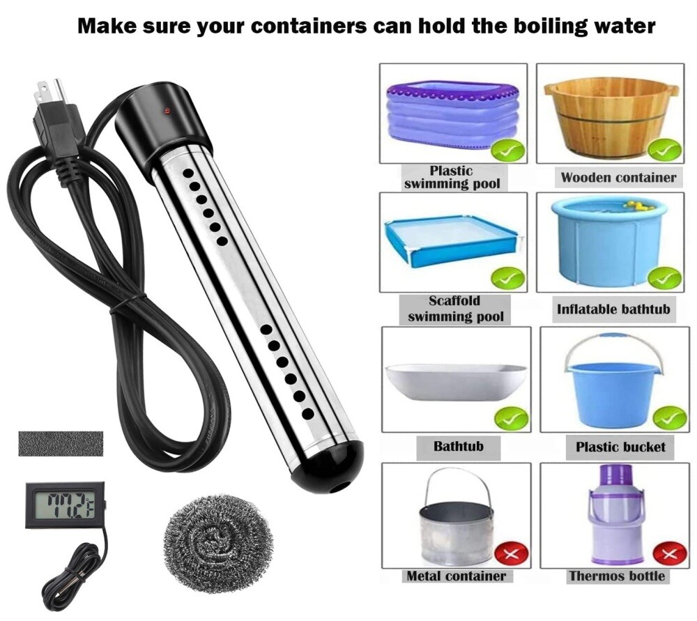 Portable Electric Immersion Bucket Water Heater Hot Tub Bath Warmer 1500W 110V