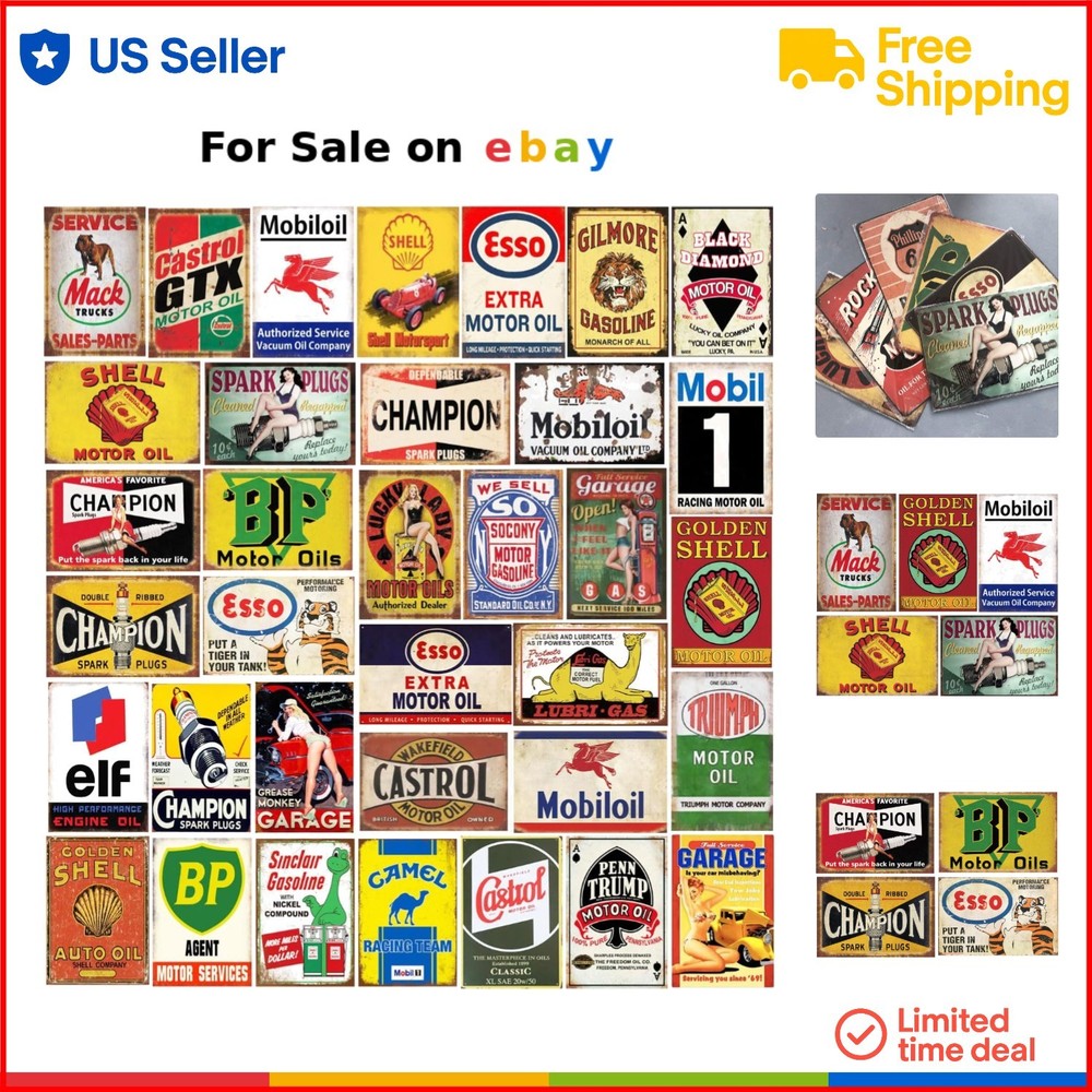 Vintage Tin Signs Reproduced Gas Oil Retro Decor 8x12 Inch 35 pcs Garage Man ...