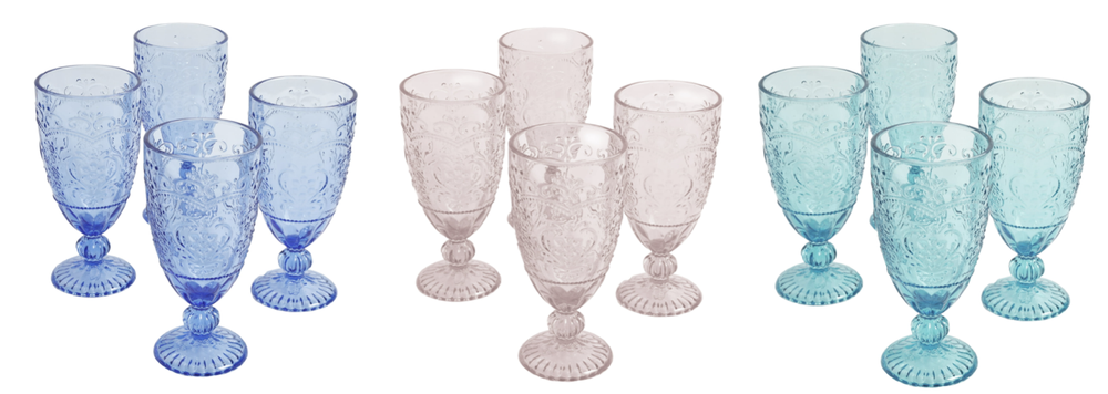 Pioneer Woman Amelia Embossed Blue Glass Goblet 4Pc Set 14.7oz