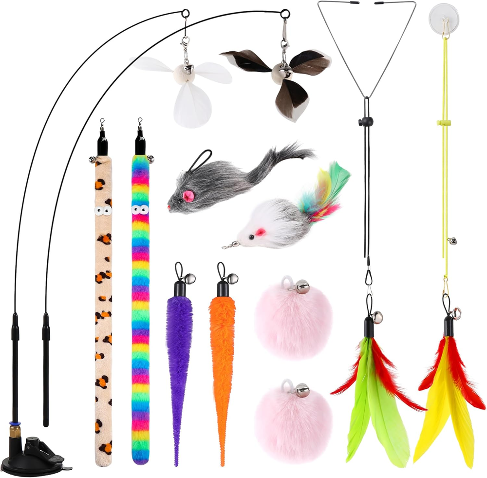 4-In-1 Interactive Cat Feather Toys,12Pcs Durable Fishing Pole Cats Feathers Toy