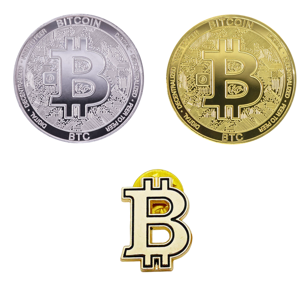 Bitcoin | BTC Physical Crypto Coin & Lapel Pin Novelty Souvenir Gold & Silver
