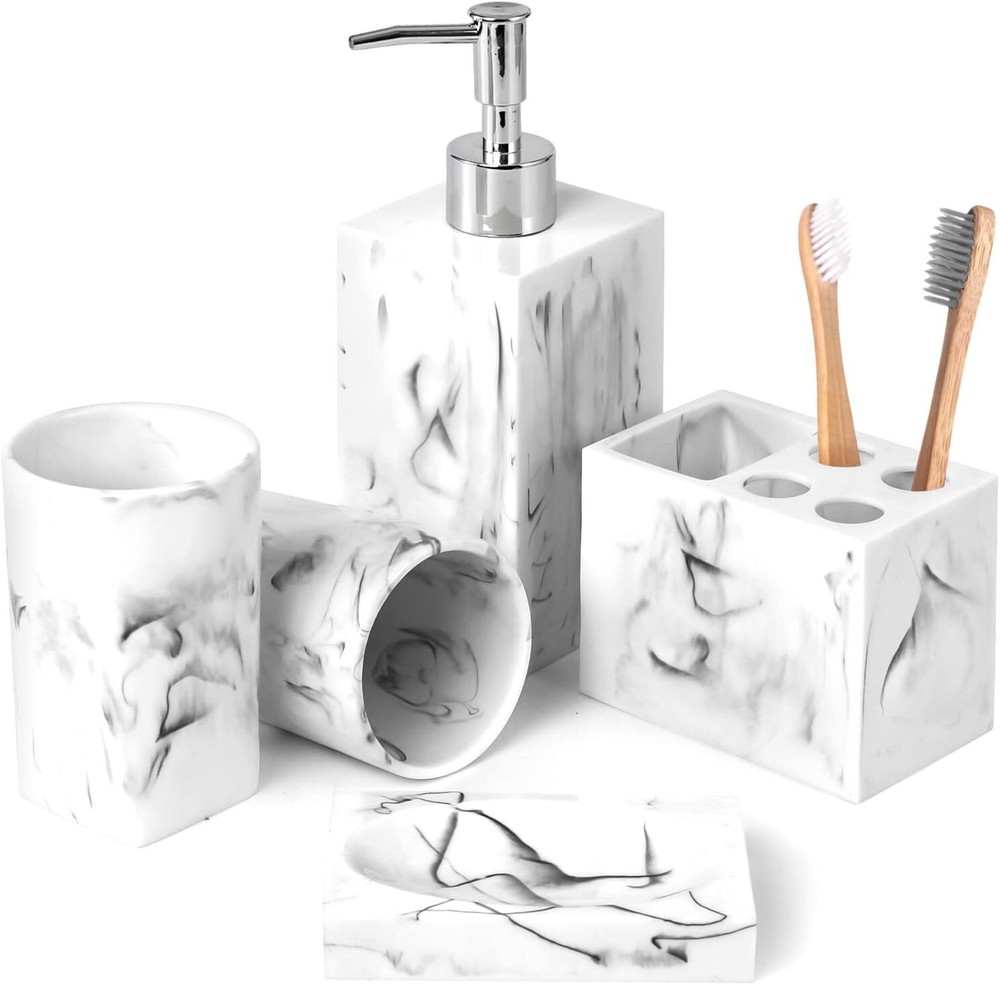 Haturi Bathroom Accessories Set, 5 Pcs Marble Look Sets Soap Ink White