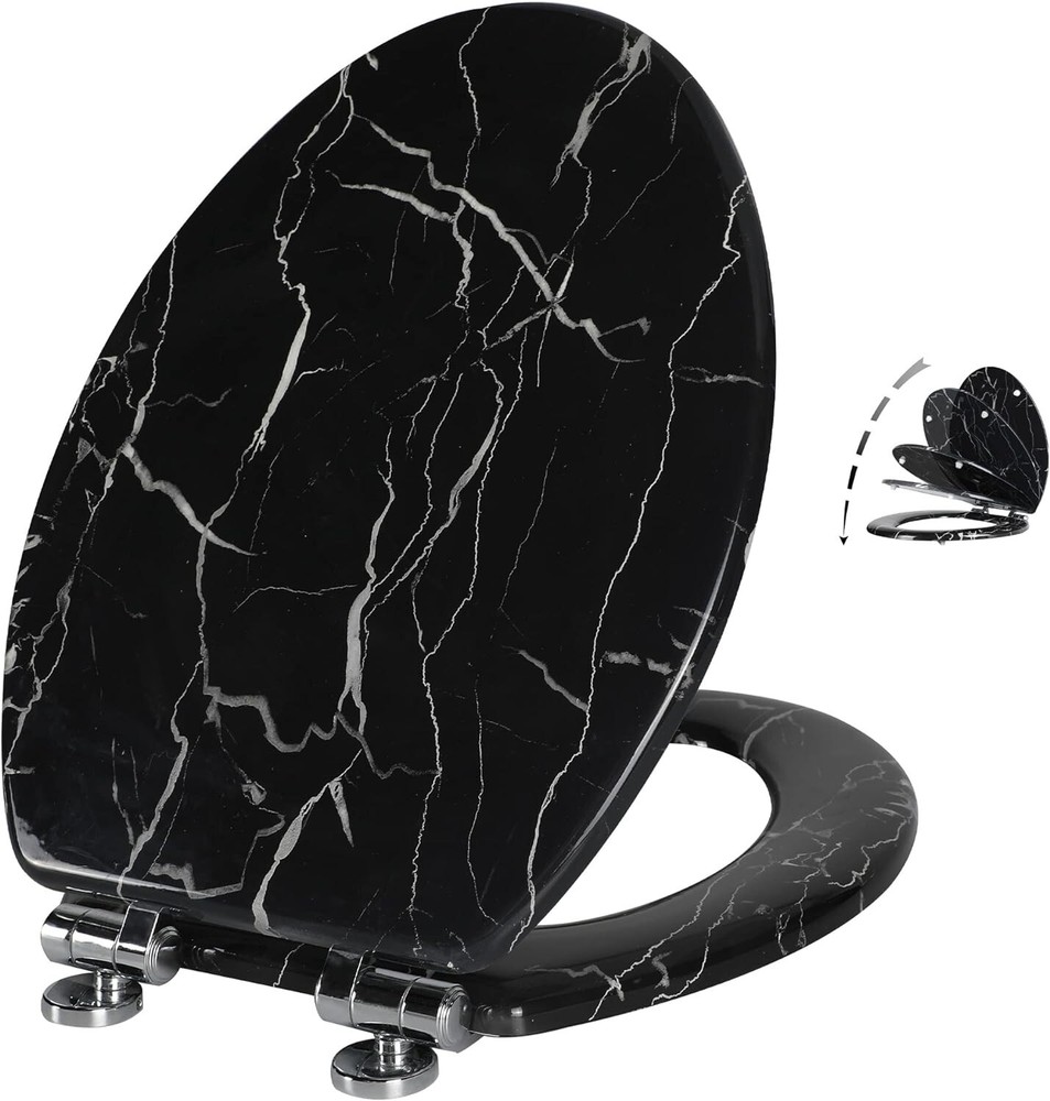 Black Marble Elongated Quiet Close Toilet Seat for Effortless Cleaning and Modern Style