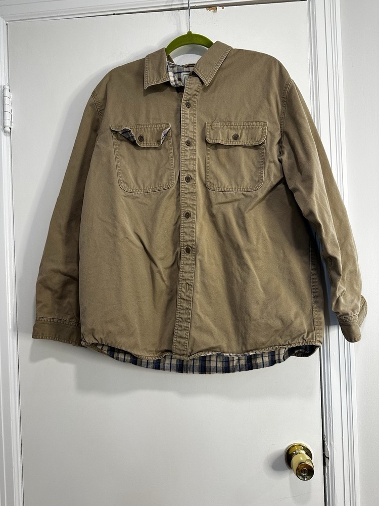 LL Bean Men's Flannel-Lined Beige Shacket Size Large with Pockets for Outdoor Work Wear  