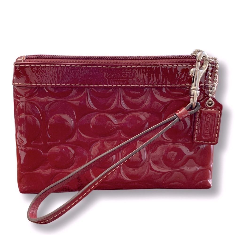 Coach Deep Red Patent Leather C Logo Embossed Wristlet