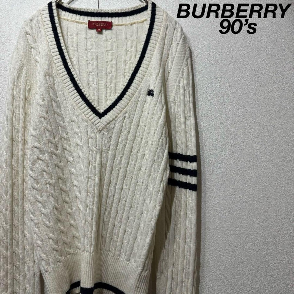 Burberry 90s V-Neck Knit Sweater White Size 38 Vintage Rare