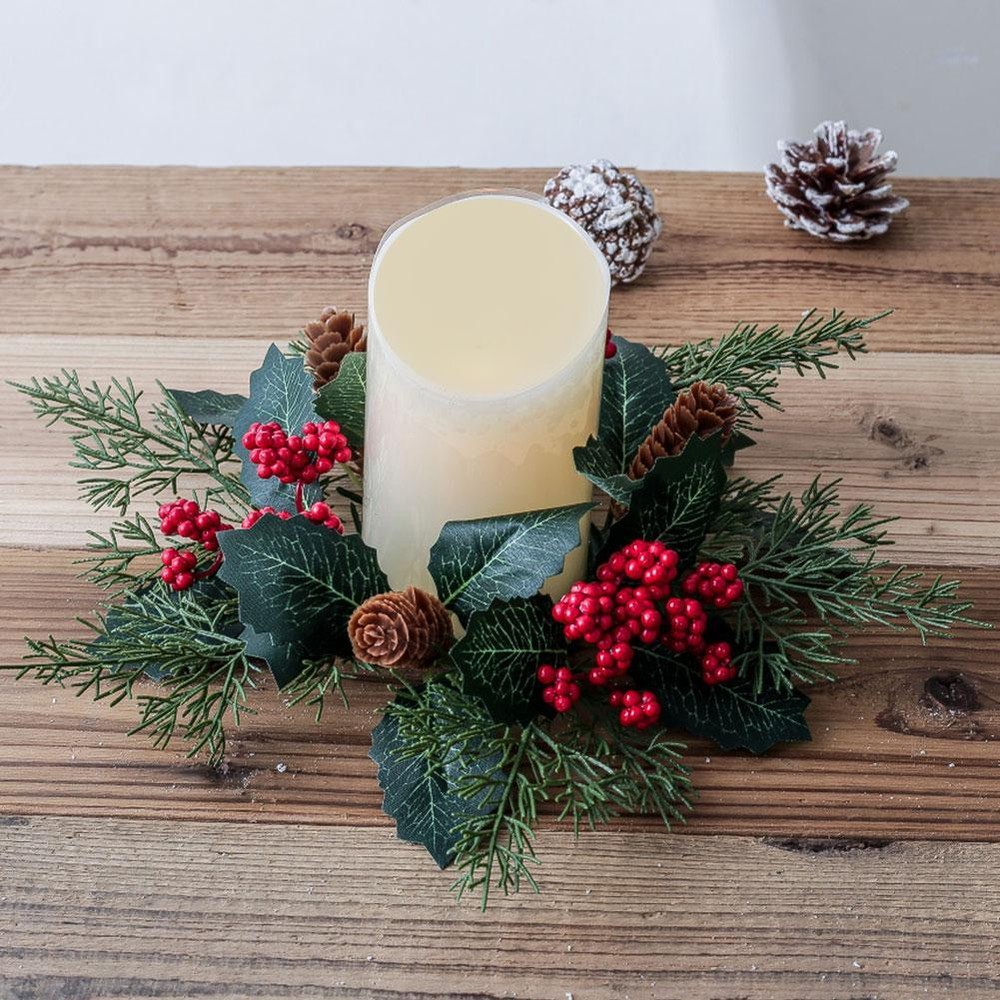 Christmas Candlestick Wreath Artificial Berry Pinecone Garland Candle Holde P7O1