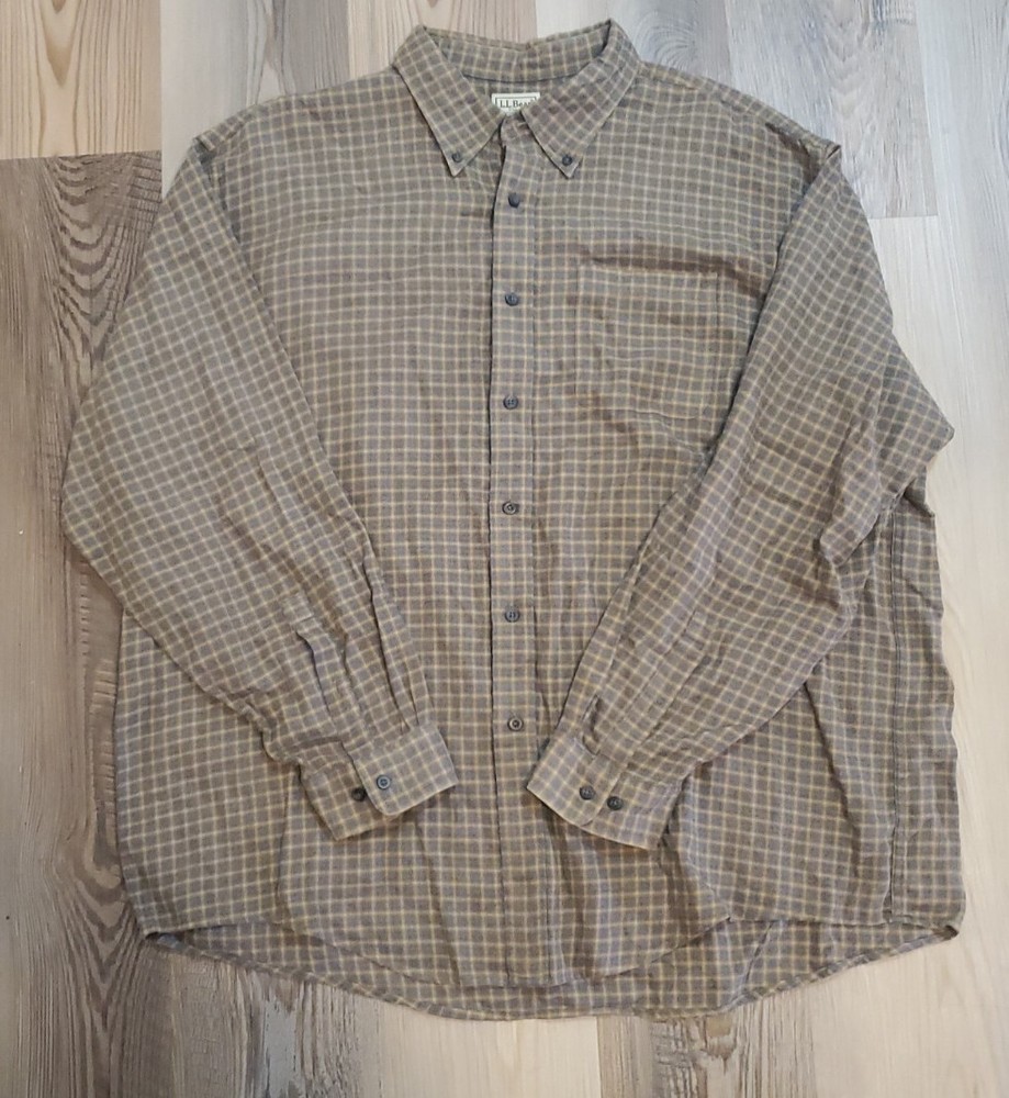 LL Bean Men's 2XL Blue Beige Plaid Flannel Shirt Gorpcore Style