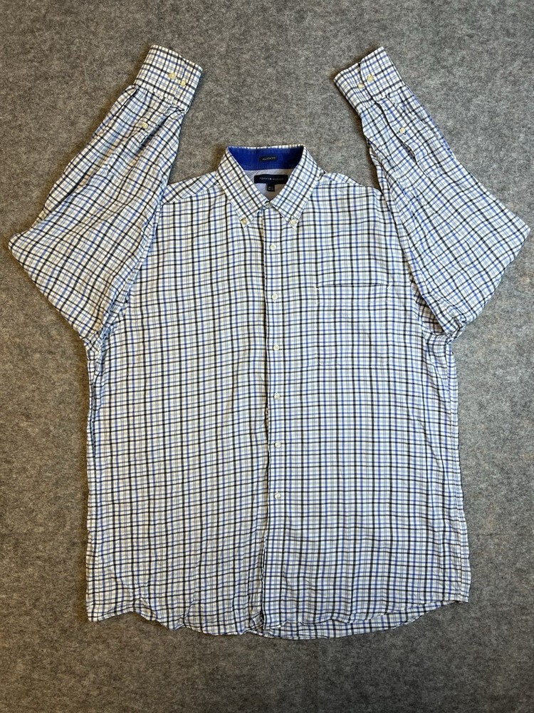 Tommy Hilfiger Men's Blue Plaid Button-Down Dress Shirt Regular Fit 16.5 Neck