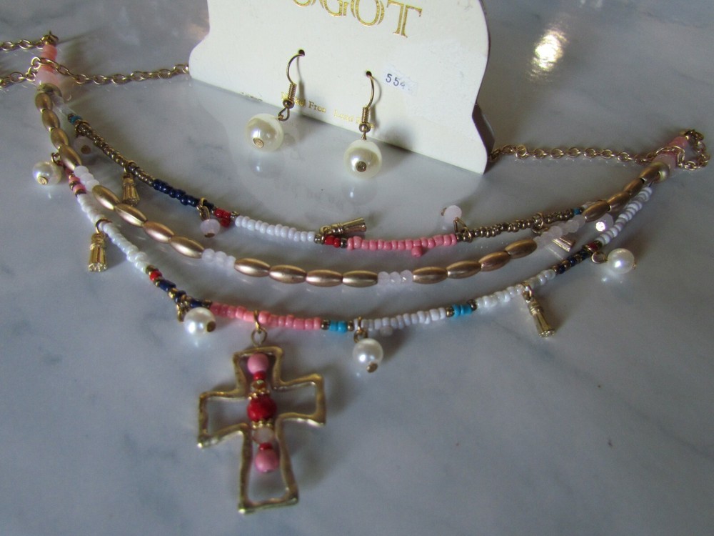 † Religious Beaded Cross Layered Necklace and Pierced Earring Set 22