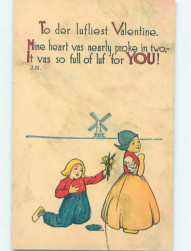 Pre-Linen Valentine CUTE GIRL TURNS AWAY FROM BOY ON HIS KNEES 60k cards HL7057