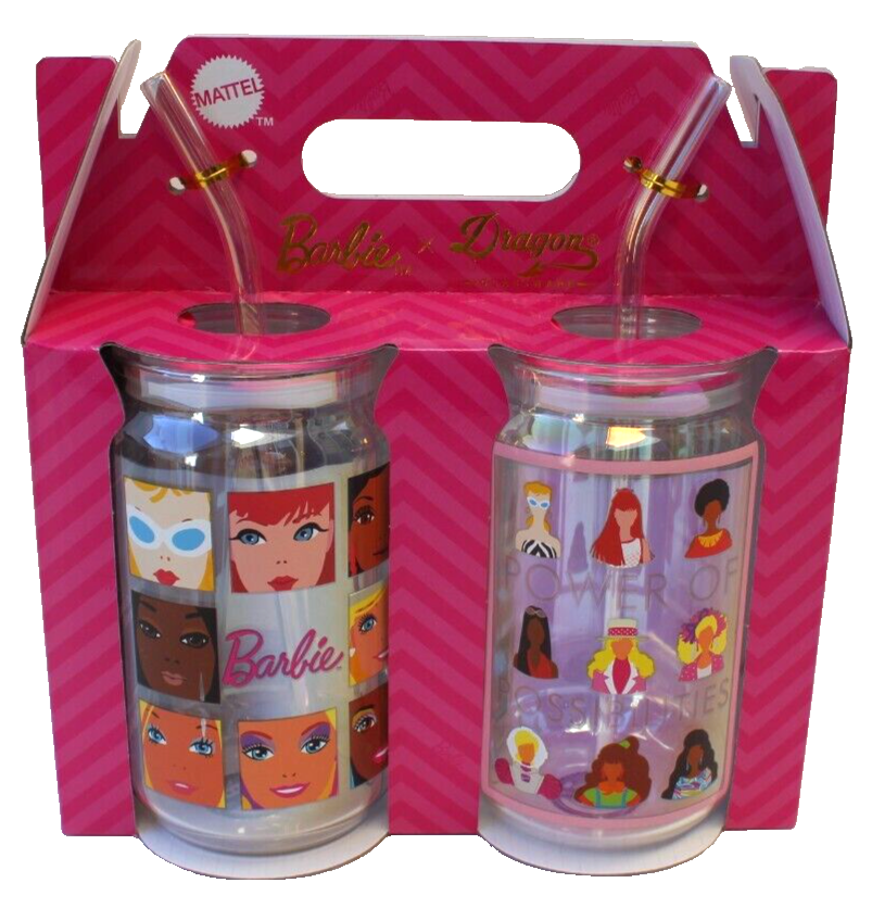 New Mattel Barbie X Drago Glass Drinking Cup W/  Lid Glassware Tumblers Set