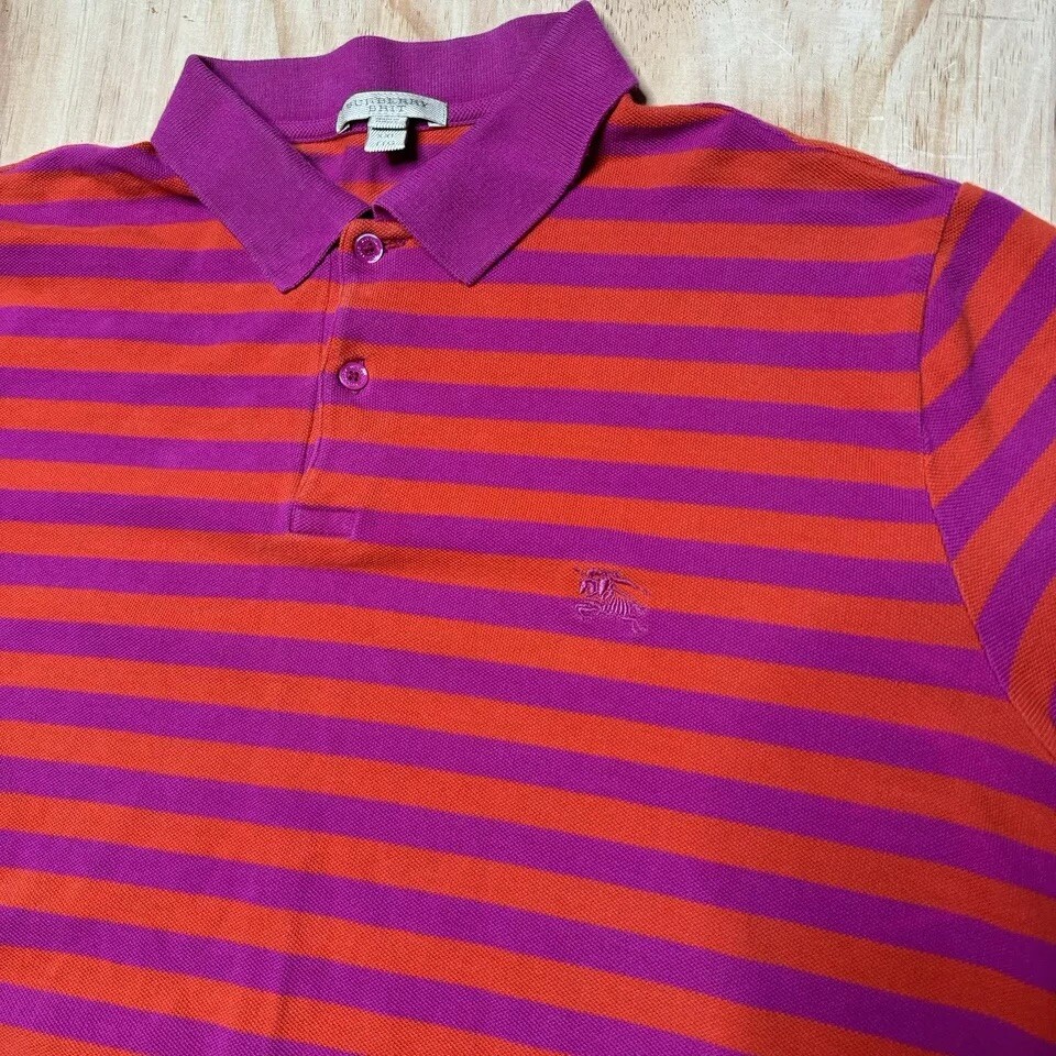 Burberry Brit Shirt Men's 2XL Bright Hot Pink And Orange Striped Polo Read